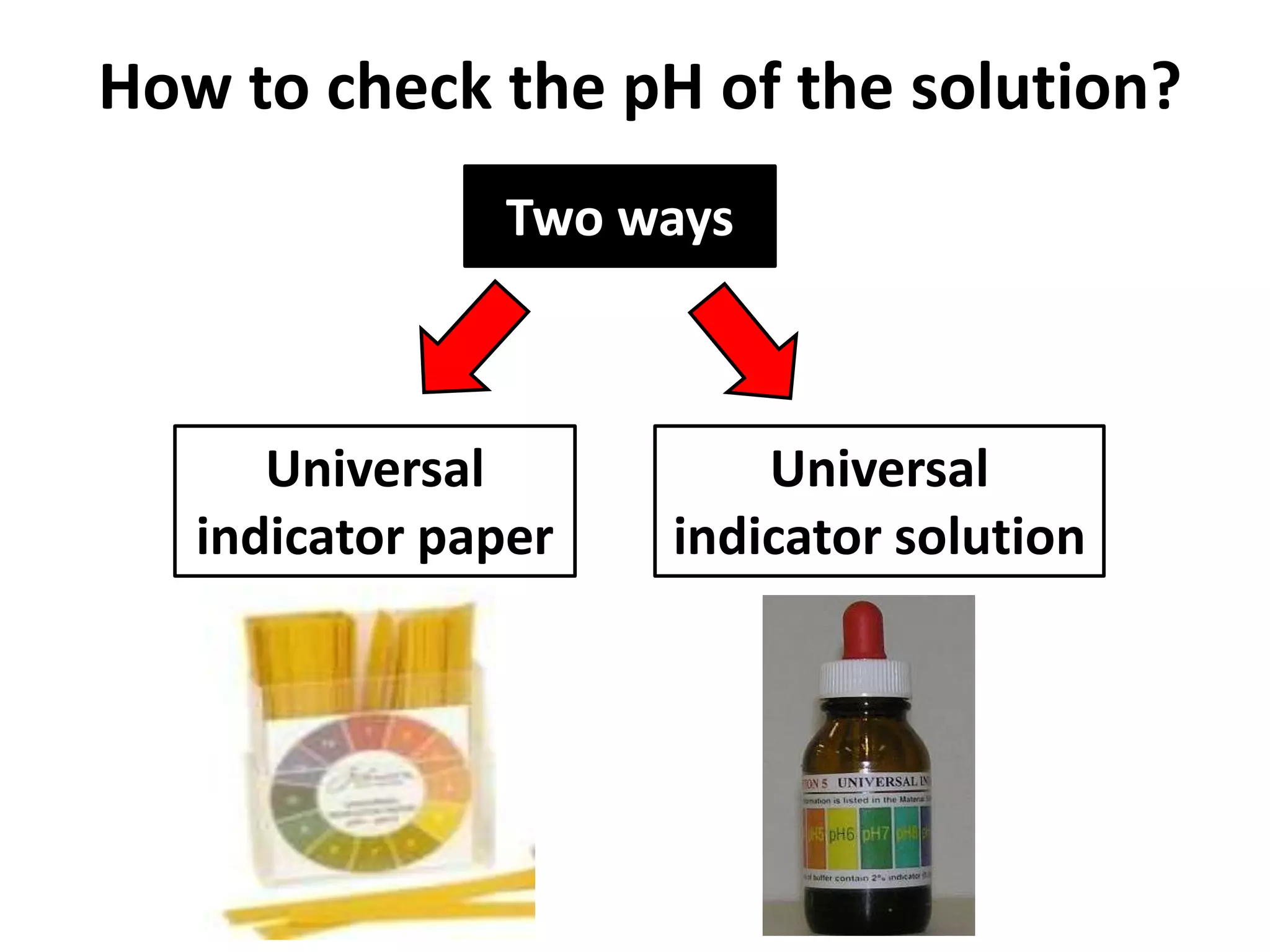 How to check the pH of the solution?
               Two ways



      Universal          Universal
   indicator paper   indicator solution
 