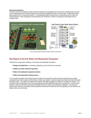Geomimicry Solutions
The state of the art of designing holistic solutions analyzes the hydrological flow of the entire watershed and accounts
for the interdependence of natural systems and constructed development within that local area. Sustainable master
planning geomimics a closed-loop system. It hydrologically balances water flows, incorporating human-made and
natural solutions, while managing the water lifecycle from extraction of water to recharge and discharge that can
revitalize itself.




                                       Source: Natural Systems Utilities and Natural Systems International




Key Players in the U.S. Water and Wastewater Ecosystem
There are four major types of players in the water and wastewater ecosystem:

    • Design and build firms – consulting, engineering, and construction companies

    • Utilities and other treatment operators

    • Water and wastewater equipment vendors

    • Water and wastewater funding sources

It is a complex ecosystem with several waves of merger and acquisition activity during the past 20 years, as large
companies have tried to capture market share in these huge markets. Several roll-ups have failed and others have had
lackluster results. The water and wastewater industries are highly regulated and difficult to change and reshape. The
ecosystem also is fragmented, with many small players providing specialized services at a local level. In each market
segment, there are innovators providing sustainable solutions to water and wastewater challenges. The long-term
winners will be the firms with deep industry expertise and extensive experience with the regulatory environments at the
federal, state, and local levels.




November 2010     Equilibrium Capital Group – Proprietary & Confidential                                             page 7
 