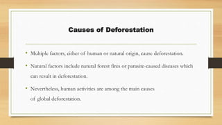 Causes of Deforestation
• Multiple factors, either of human or natural origin, cause deforestation.
• Natural factors include natural forest fires or parasite-caused diseases which
can result in deforestation.
• Nevertheless, human activities are among the main causes
of global deforestation.
 