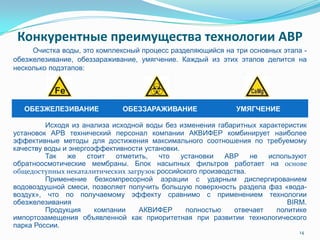 Конкурентные преимущества технологии АВР
Исходя из анализа исходной воды без изменения габаритных характеристик
установок АРВ технический персонал компании АКВИФЕР комбинирует наиболее
эффективные методы для достижения максимального соотношения по требуемому
качеству воды и энергоэффективности установки.
Так же стоит отметить, что установки АВР не используют
обратноосмотические мембраны. Блок насыпных фильтров работает на основе
общедоступных некаталитических загрузок российского производства.
Применение безкомпресорной аэрации с ударным диспергированием
водовоздушной смеси, позволяет получить большую поверхность раздела фаз «вода-
воздух», что по получаемому эффекту сравнимо с применением технологии
обезжелезивания BIRM.
Продукция компании АКВИФЕР полностью отвечает политике
импортозамещения объявленной как приоритетная при развитии технологического
парка России.
14
Очистка воды, это комплексный процесс разделяющийся на три основных этапа -
обезжелезивание, обеззараживание, умягчение. Каждый из этих этапов делится на
несколько подэтапов:
ОБЕЗЖЕЛЕЗИВАНИЕ ОБЕЗЗАРАЖИВАНИЕ УМЯГЧЕНИЕ
 