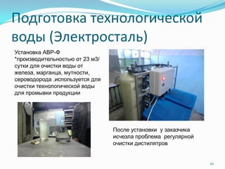 Подготовка технологической
воды (Электросталь)
20
Установка АВР-Ф
*производительностью от 23 м3/
сутки для очистки воды от
железа, марганца, мутности,
сероводорода .используется для
очистки технологической воды
для промывки продукции
После установки у заказчика
исчезла проблема регулярной
очистки дистилятров
 