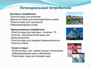 Потенциальные потребители
3
Бытовые потребители
•Очистка воды для поселков
•Доочистка воды для многоквартирных домов
•Очистка воды для таунхаусов
•Обеззараживание стоков
Промышленные потребители
•Очистка воды для вахтовых поселков ТК
•Очистка технологической воды для
промышленности
•Очистка воды для пищевой промышленности
•Очистка стоков
Спорт и отдых
•Очистка воды для домов отдыха и санаториев
•Обеззараживание воды в бассейнах
•Подготовка воды для заливки льда
 