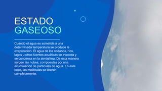 Cuando el agua es sometida a una
determinada temperatura se produce la
evaporación. El agua de los océanos, ríos,
lagos u otras fuentes acuáticas se evapora y
se condensa en la atmósfera. De esta manera
surgen las nubes, compuestas por una
acumulación de partículas de agua. En este
caso, las moléculas se liberan
completamente.
ESTADO
GASEOSO
 