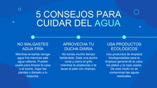 5 CONSEJOS PARA
CUIDAR DEL AGUA
Mientras te bañas recoge
agua fría mientras sale
agua caliente. Puedes
usarlo para limpiar la casa
o el coche, regar las
plantas o dárselo a tu
mascota.
No tomes mucho tiempo
bañándote. Date una ducha
corta y cierra el grifo
mientras te enjabonas o te
lavas el pelo con champú.
Usa productos de limpieza
biodegradables para la
limpieza general de la casa,
los platos y la ropa usada.
De este modo no se
contaminan las aguas
residuales.
NO MALGASTES
AGUA FRÍA
APROVECHA TU
DUCHA DIARIA
USA PRODUCTOS
ECOLÓGICOS
 