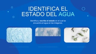 IDENTIFICA EL
ESTADO DEL AGUA
Identifica y escribe el estado en el cual se
encuentra el agua en las imágenes.
 