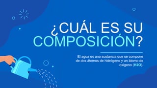 ¿CUÁL ES SU
COMPOSICIÓN?
El agua es una sustancia que se compone
de dos átomos de hidrógeno y un átomo de
oxígeno (H2O).
 