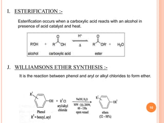 I. ESTERIFICATION :-
Esterification occurs when a carboxylic acid reacts with an alcohol in
presence of acid catalyst and heat.
J. WILLIAMSONS ETHER SYNTHESIS :-
It is the reaction between phenol and aryl or alkyl chlorides to form ether.
10
 