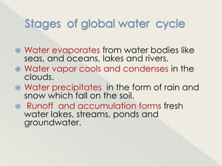 Water evaporates from water bodies like
  seas, and oceans, lakes and rivers.
 Water vapor cools and condenses in the
  clouds.
 Water precipitates in the form of rain and
  snow which fall on the soil.
 Runoff and accumulation forms fresh
  water lakes, streams, ponds and
  groundwater.
 