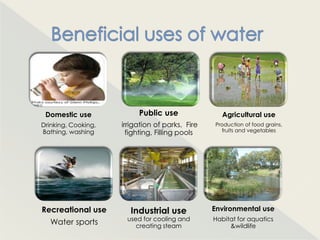 Domestic use             Public use               Agricultural use
Drinking, Cooking,   irrigation of parks, Fire   Production of food grains,
Bathing, washing       fighting, Filling pools     fruits and vegetables




Recreational use       Industrial use            Environmental use
                      used for cooling and       Habitat for aquatics
   Water sports          creating steam               &wildlife
 