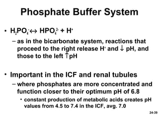 24-39
Phosphate Buffer System
• H2PO4
-
↔ HPO4
2-
+ H+
– as in the bicarbonate system, reactions that
proceed to the right release H+
and ↓ pH, and
those to the left ↑pH
• Important in the ICF and renal tubules
– where phosphates are more concentrated and
function closer to their optimum pH of 6.8
• constant production of metabolic acids creates pH
values from 4.5 to 7.4 in the ICF, avg. 7.0
 