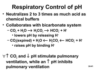 24-41
Respiratory Control of pH
• Neutralizes 2 to 3 times as much acid as
chemical buffers
• Collaborates with bicarbonate system
– CO2 + H2O → H2CO3 → HCO3
-
+ H+
• lowers pH by releasing H+
– CO2(expired) + H2O ← H2CO3 ← HCO3
-
+ H+
• raises pH by binding H+
∀↑ CO2 and ↓ pH stimulate pulmonary
ventilation, while an ↑ pH inhibits
pulmonary ventilation
 