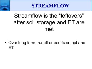 Streamflow is the “leftovers”
after soil storage and ET are
met
• Over long term, runoff depends on ppt and
ET
STREAMFLOW
 