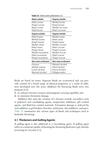 Fracturing Fluids 123
Table 35 Esters and surfactants [26]
Water soluble Organo soluble
Ethyl acetate Methyl lactate
Propyl acetate Propyl lactate
Butyl acetate Methyl succinate
Ethyl lactate Ethyl succinate
Organo soluble Organo soluble
Ethyl laurate Methyl soyate
Methyl laurate Ethyl soyate
Propyl laurate Propyl soyate
Methyl oleate Methyl cocoate
Ethyl oleate Ethyl cocoate
Propyl oleate Propyl cocoate
Methyl racinoleate Methyl erucate
Ethyl racinoleate Ethyl erucate
Propyl racinoleate Propyl erucate
Non-ionic surfactant Non-ionic surfactant
Oxirane Palmityl alcohol
Methyl oxirane Oleyl alcohol
Lauryl alcohol Erucyl alcohol
Myristyl alcohol Polyglucosides
fluids are based on water. Aqueous fluids are economical and can pro-
vide control of a broad range of physical properties as a result of addi-
tives developed over the years. Additives for fracturing fluids serve two
purposes [28]:
1. to enhance fracture creation and proppant-carrying capability and
2. to minimize formation damage.
Additives that assist the creation of a fracture include viscosifiers such
as polymers and crosslinking agents, temperature stabilizers, pH control
agents, and fluid loss control materials. Formation damage is reduced by
such additives as gel breakers, biocides, surfactants, clay stabilizers, and gases.
Table 37 summarizes the various types of fluids and techniques used in
hydraulic fracturing.
3.1 Thickeners and Gelling Agents
A gelling agent is also addressed as a viscosifying agent. A gelling agent
refers to a material capable of forming the fracturing fluid into a gel, thereby
increasing its viscosity [31].
 