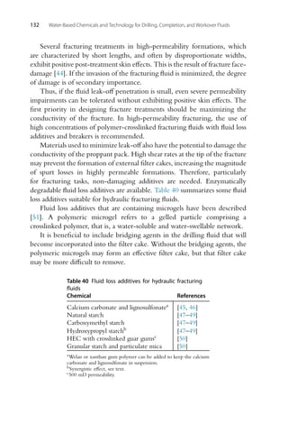 132 Water-Based Chemicals and Technology for Drilling, Completion, and Workover Fluids
Several fracturing treatments in high-permeability formations, which
are characterized by short lengths, and often by disproportionate widths,
exhibit positive post-treatment skin effects. This is the result of fracture face-
damage [44]. If the invasion of the fracturing fluid is minimized, the degree
of damage is of secondary importance.
Thus, if the fluid leak-off penetration is small, even severe permeability
impairments can be tolerated without exhibiting positive skin effects. The
first priority in designing fracture treatments should be maximizing the
conductivity of the fracture. In high-permeability fracturing, the use of
high concentrations of polymer-crosslinked fracturing fluids with fluid loss
additives and breakers is recommended.
Materials used to minimize leak-off also have the potential to damage the
conductivity of the proppant pack. High shear rates at the tip of the fracture
may prevent the formation of external filter cakes, increasing the magnitude
of spurt losses in highly permeable formations. Therefore, particularly
for fracturing tasks, non-damaging additives are needed. Enzymatically
degradable fluid loss additives are available. Table 40 summarizes some fluid
loss additives suitable for hydraulic fracturing fluids.
Fluid loss additives that are containing microgels have been described
[51]. A polymeric microgel refers to a gelled particle comprising a
crosslinked polymer, that is, a water-soluble and water-swellable network.
It is beneficial to include bridging agents in the drilling fluid that will
become incorporated into the filter cake. Without the bridging agents, the
polymeric microgels may form an effective filter cake, but that filter cake
may be more difficult to remove.
Table 40 Fluid loss additives for hydraulic fracturing
fluids
Chemical References
Calcium carbonate and lignosulfonatea [45, 46]
Natural starch [47–49]
Carboxymethyl starch [47–49]
Hydroxypropyl starchb [47–49]
HEC with crosslinked guar gumsc [50]
Granular starch and particulate mica [50]
aWelan or xanthan gum polymer can be added to keep the calcium
carbonate and lignosulfonate in suspension.
bSynergistic effect, see text.
c500 mD permeability.
 