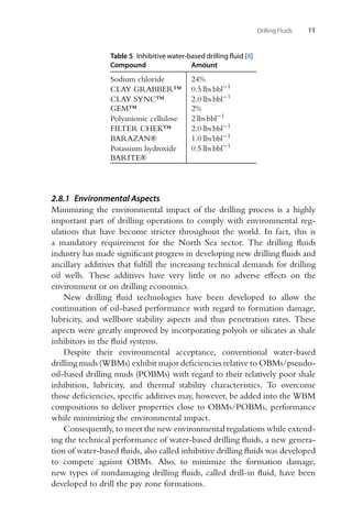 Drilling Fluids 11
Table 5 Inhibitive water-based drilling fluid [8]
Compound Amount
Sodium chloride 24%
CLAY GRABBER™ 0.5 lbs bbl−1
CLAY SYNC™ 2.0 lbs bbl−1
GEM™ 2%
Polyanionic cellulose 2 lbs bbl−1
FILTER CHEK™ 2.0 lbs bbl−1
BARAZAN® 1.0 lbs bbl−1
Potassium hydroxide 0.5 lbs bbl−1
BARITE®
2.8.1 Environmental Aspects
Minimizing the environmental impact of the drilling process is a highly
important part of drilling operations to comply with environmental reg-
ulations that have become stricter throughout the world. In fact, this is
a mandatory requirement for the North Sea sector. The drilling fluids
industry has made significant progress in developing new drilling fluids and
ancillary additives that fulfill the increasing technical demands for drilling
oil wells. These additives have very little or no adverse effects on the
environment or on drilling economics.
New drilling fluid technologies have been developed to allow the
continuation of oil-based performance with regard to formation damage,
lubricity, and wellbore stability aspects and thus penetration rates. These
aspects were greatly improved by incorporating polyols or silicates as shale
inhibitors in the fluid systems.
Despite their environmental acceptance, conventional water-based
drilling muds (WBMs) exhibit major deficiencies relative to OBMs/pseudo-
oil-based drilling muds (POBMs) with regard to their relatively poor shale
inhibition, lubricity, and thermal stability characteristics. To overcome
those deficiencies, specific additives may, however, be added into the WBM
compositions to deliver properties close to OBMs/POBMs, performance
while minimizing the environmental impact.
Consequently, to meet the new environmental regulations while extend-
ing the technical performance of water-based drilling fluids, a new genera-
tion of water-based fluids, also called inhibitive drilling fluids was developed
to compete against OBMs. Also, to minimize the formation damage,
new types of nondamaging drilling fluids, called drill-in fluid, have been
developed to drill the pay zone formations.
 