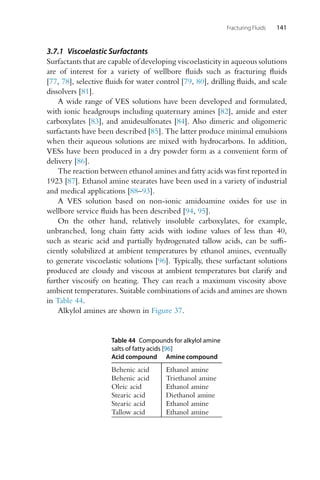 Fracturing Fluids 141
3.7.1 Viscoelastic Surfactants
Surfactants that are capable of developing viscoelasticity in aqueous solutions
are of interest for a variety of wellbore fluids such as fracturing fluids
[77, 78], selective fluids for water control [79, 80], drilling fluids, and scale
dissolvers [81].
A wide range of VES solutions have been developed and formulated,
with ionic headgroups including quaternary amines [82], amide and ester
carboxylates [83], and amidesulfonates [84]. Also dimeric and oligomeric
surfactants have been described [85]. The latter produce minimal emulsions
when their aqueous solutions are mixed with hydrocarbons. In addition,
VESs have been produced in a dry powder form as a convenient form of
delivery [86].
The reaction between ethanol amines and fatty acids was first reported in
1923 [87]. Ethanol amine stearates have been used in a variety of industrial
and medical applications [88–93].
A VES solution based on non-ionic amidoamine oxides for use in
wellbore service fluids has been described [94, 95].
On the other hand, relatively insoluble carboxylates, for example,
unbranched, long chain fatty acids with iodine values of less than 40,
such as stearic acid and partially hydrogenated tallow acids, can be suffi-
ciently solubilized at ambient temperatures by ethanol amines, eventually
to generate viscoelastic solutions [96]. Typically, these surfactant solutions
produced are cloudy and viscous at ambient temperatures but clarify and
further viscosify on heating. They can reach a maximum viscosity above
ambient temperatures. Suitable combinations of acids and amines are shown
in Table 44.
Alkylol amines are shown in Figure 37.
Table 44 Compounds for alkylol amine
salts of fatty acids [96]
Acid compound Amine compound
Behenic acid Ethanol amine
Behenic acid Triethanol amine
Oleic acid Ethanol amine
Stearic acid Diethanol amine
Stearic acid Ethanol amine
Tallow acid Ethanol amine
 