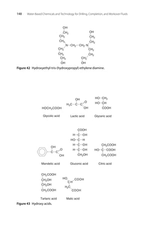 148 Water-Based Chemicals and Technology for Drilling, Completion, and Workover Fluids
N N
CH2
CH2
CH2
CH2 CH2
CH2
CH2
CH2
CH2
CH2
CH2
CH2
CH2
OH
OH
OH OH
Figure 42 Hydroxyethyl-tris-(hydroxypropyl) ethylene diamine.
C H
H2C
COOH
COOH
HO
Malic acid
C
O
OH
C
OH
Mandelic acid
C
O
OH
C
OH
H3C
Lactic acid
CH2COOH
CH2COOH
CH2COOH
CH2COOH
C COOH
HO
Citric acid
C
C
C
C
CH2OH
CH2OH
CH2OH
COOH
OH
OH
OH
HO
H
H
H
H
Gluconic acid
CH2
CH
COOH
HO
HO
Glyceric acid
Tartaric acid
HOCH2COOH
Glycolic acid
Figure 43 Hydroxy acids.
 