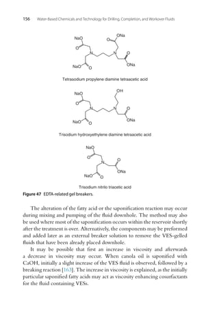 156 Water-Based Chemicals and Technology for Drilling, Completion, and Workover Fluids
N N
NaO
NaO
O
O
ONa
ONa
O
O
Tetrasodium propylene diamine tetraacetic acid
Trisodium hydroxyethylene diamine tetraacetic acid
N N
NaO
NaO
O
O
OH
ONa
O
Trisodium nitrilo triacetic acid
ONa
O
O
O
NaO
NaO
N
Figure 47 EDTA-related gel breakers.
The alteration of the fatty acid or the saponification reaction may occur
during mixing and pumping of the fluid downhole. The method may also
be used where most of the saponification occurs within the reservoir shortly
after the treatment is over. Alternatively, the components may be preformed
and added later as an external breaker solution to remove the VES-gelled
fluids that have been already placed downhole.
It may be possible that first an increase in viscosity and afterwards
a decrease in viscosity may occur. When canola oil is saponified with
CaOH, initially a slight increase of the VES fluid is observed, followed by a
breaking reaction [163]. The increase in viscosity is explained, as the initially
particular saponified fatty acids may act as viscosity enhancing cosurfactants
for the fluid containing VESs.
 