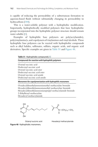 162 Water-Based Chemicals and Technology for Drilling, Completion, and Workover Fluids
is capable of reducing the permeability of a subterranean formation to
aqueous-based fluids without substantially changing its permeability to
hydrocarbons [180].
This is a water-soluble polymer with a hydrophobic modification.
Importantly, hydrophobically modified polymers that have hydrophobic
groups incorporated into the hydrophilic polymer structure should remain
water soluble [1].
Examples of hydrophilic base polymers are poly(acrylamides),
poly(vinylamine)s, and copolymers of vinylamines and vinyl alcohols. These
hydrophilic base polymers can be reacted with hydrophobic compounds
such as alkyl halides, sulfonates, sulfates, organic acids, and organic acid
derivatives. Specific examples are given in Table 51 and Figure 48.
Table 51 Hydrophobic compounds [1]
Compounds for reaction with hydrophilic polymers
Octenyl succinic acid
Dodecenyl succinic acid
Octenyl succinic acid ester
Dodecenyl succinic acid ester
Octenyl succinic acid amide
Dodecenyl succinic acid amide
Monomers for copolymerization with hydrophilic monomers
Octadecyldimethylammoniumethyl methacrylate bromide
Hexadecyldimethylammoniumethyl methacrylate bromide
Hexadecyldimethylammoniumpropyl methacrylamide bromide
2-Ethylhexyl methacrylate
Hexadecyl methacrylamide
O
O
OH
OH
H
Octenyl succinic acid
O
N
H
(CH2)15
Hexadecyl methacrylamide
CH3
Figure 48 Hydrophobic monomers.
 