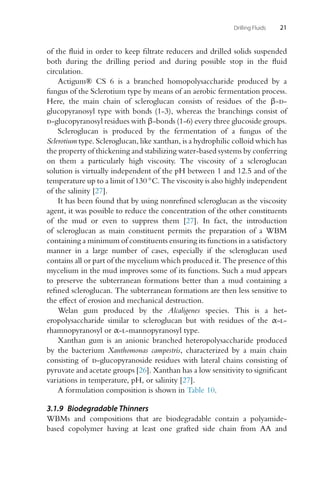 Drilling Fluids 21
of the fluid in order to keep filtrate reducers and drilled solids suspended
both during the drilling period and during possible stop in the fluid
circulation.
Actigum® CS 6 is a branched homopolysaccharide produced by a
fungus of the Sclerotium type by means of an aerobic fermentation process.
Here, the main chain of scleroglucan consists of residues of the β-d-
glucopyranosyl type with bonds (1-3), whereas the branchings consist of
d-glucopyranosyl residues with β-bonds (1-6) every three glucoside groups.
Scleroglucan is produced by the fermentation of a fungus of the
Sclerotium type. Scleroglucan, like xanthan, is a hydrophilic colloid which has
the property of thickening and stabilizing water-based systems by conferring
on them a particularly high viscosity. The viscosity of a scleroglucan
solution is virtually independent of the pH between 1 and 12.5 and of the
temperature up to a limit of 130 ◦C. The viscosity is also highly independent
of the salinity [27].
It has been found that by using nonrefined scleroglucan as the viscosity
agent, it was possible to reduce the concentration of the other constituents
of the mud or even to suppress them [27]. In fact, the introduction
of scleroglucan as main constituent permits the preparation of a WBM
containing a minimum of constituents ensuring its functions in a satisfactory
manner in a large number of cases, especially if the scleroglucan used
contains all or part of the mycelium which produced it. The presence of this
mycelium in the mud improves some of its functions. Such a mud appears
to preserve the subterranean formations better than a mud containing a
refined scleroglucan. The subterranean formations are then less sensitive to
the effect of erosion and mechanical destruction.
Welan gum produced by the Alcaligenes species. This is a het-
eropolysaccharide similar to scleroglucan but with residues of the α-l-
rhamnopyranosyl or α-l-mannopyranosyl type.
Xanthan gum is an anionic branched heteropolysaccharide produced
by the bacterium Xanthomonas campestris, characterized by a main chain
consisting of d-glucopyranoside residues with lateral chains consisting of
pyruvate and acetate groups [26]. Xanthan has a low sensitivity to significant
variations in temperature, pH, or salinity [27].
A formulation composition is shown in Table 10.
3.1.9 Biodegradable Thinners
WBMs and compositions that are biodegradable contain a polyamide-
based copolymer having at least one grafted side chain from AA and
 
