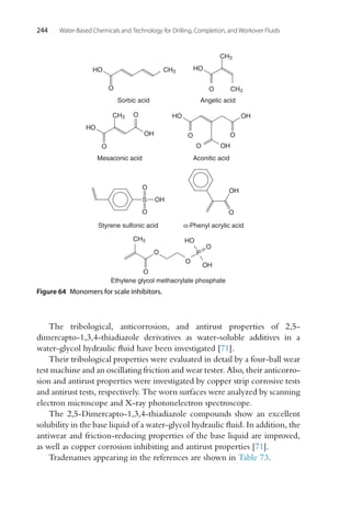 244 Water-Based Chemicals and Technology for Drilling, Completion, and Workover Fluids
Ethylene glycol methacrylate phosphate
O
O
P
CH3
O
O
HO
OH
S
O
O
OH
Styrene sulfonic acid α-Phenyl acrylic acid
OH
O
Sorbic acid
HO
O
CH3
Angelic acid
HO
O
CH3
CH3
Mesaconic acid
HO
OH
O
O
CH3
Aconitic acid
OH
O
O
HO
O OH
Figure 64 Monomers for scale inhibitors.
The tribological, anticorrosion, and antirust properties of 2,5-
dimercapto-1,3,4-thiadiazole derivatives as water-soluble additives in a
water-glycol hydraulic fluid have been investigated [71].
Their tribological properties were evaluated in detail by a four-ball wear
test machine and an oscillating friction and wear tester. Also, their anticorro-
sion and antirust properties were investigated by copper strip corrosive tests
and antirust tests, respectively. The worn surfaces were analyzed by scanning
electron microscope and X-ray photonelectron spectroscope.
The 2,5-Dimercapto-1,3,4-thiadiazole compounds show an excellent
solubility in the base liquid of a water-glycol hydraulic fluid. In addition, the
antiwear and friction-reducing properties of the base liquid are improved,
as well as copper corrosion inhibiting and antirust properties [71].
Tradenames appearing in the references are shown in Table 73.
 
