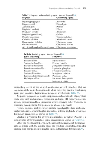 Environmental Aspects and Waste Disposal 261
Table 75 Polymers and crosslinking agents for mud disposal [39]
Polymers Crosslinking agents
Hydroxypropyl guar Aldehydes
Polyacrylamides Dialdehydes
Xanthan gum Phenols
Poly(vinyl alcohol) Ethers
Poly(vinyl acetate) Aluminates
Poly(vinylpyrrolidone) Gallates
Polyalkyleneoxides Titanium chelates
Carboxycelluloses Aluminum citrate
Hydroxyethyl cellulose Chromium citrate
Galactomannans Chromium acetate
Acrylic acid acrylamide copolymers Chromium propionate
Table 76 Reducing agents for mud disposal [39]
Sulfur containing Sulfur free
Sodium sulfite Hydroquinone
Sodium hydrosulfite Ferrous chloride
Sodium metabisulfite p-Hydrazinobenzoic acid
Potassium metabisulfite Hydrazine phosphite
Sodium sulfide Hydrazine dichloride
Sodium thiosulfate Manganese chloride
Ferrous sulfate thioacetamide Potassium iodide
Hydrogen sulfide Potassium ferrocyanide
Manganese nitrate
crosslinking agent at the desired conditions, or pH modifiers that are
degrading at the desired conditions to adjust the pH so that the crosslinking
agent goes in action. Typical reducing agents are shown in Table 76.
Sequestering agents are citrate, propionate, and acetate salts of polyvalent
metal ions such as aluminum, chromium, and iron. pH modifying agents,
are acid precursors and base precursors, which generally either hydrolyze or
thermally decompose to form an acid or a base, respectively.
Typical classes of acid precursors include hydrolyzable esters, acid anhy-
drides, sulfonates, organic halides, and salts of a strong acid and a weak base.
Exemplary precursors are shown in Table 77.
Acetin is a synonym for glycerol monoacetate, as well as Diacetin is a
synonym for glycerol diacetate. Some precursors are shown in Figure 65.
After the crosslinkable polymer, the crosslinking agent, and the ingredi-
ents are mixed with the drilling mud, the resulting solidifiable, disposable
drilling mud composition is injected into a subterranean formation [39].
 