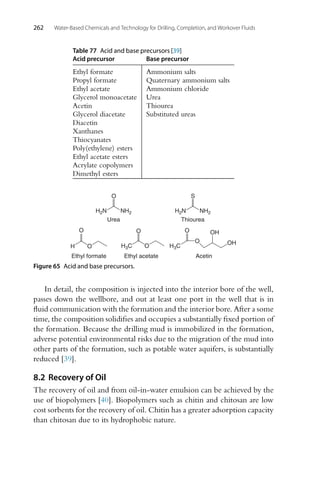 262 Water-Based Chemicals and Technology for Drilling, Completion, and Workover Fluids
Table 77 Acid and base precursors [39]
Acid precursor Base precursor
Ethyl formate Ammonium salts
Propyl formate Quaternary ammonium salts
Ethyl acetate Ammonium chloride
Glycerol monoacetate Urea
Acetin Thiourea
Glycerol diacetate Substituted ureas
Diacetin
Xanthanes
Thiocyanates
Poly(ethylene) esters
Ethyl acetate esters
Acrylate copolymers
Dimethyl esters
O
H3C
O
OH
OH
Acetin
H
O
Ethyl formate
O
H3C
Ethyl acetate
H2N NH2 H2N NH2
O
Urea
S
Thiourea
O O
Figure 65 Acid and base precursors.
In detail, the composition is injected into the interior bore of the well,
passes down the wellbore, and out at least one port in the well that is in
fluid communication with the formation and the interior bore. After a some
time, the composition solidifies and occupies a substantially fixed portion of
the formation. Because the drilling mud is immobilized in the formation,
adverse potential environmental risks due to the migration of the mud into
other parts of the formation, such as potable water aquifers, is substantially
reduced [39].
8.2 Recovery of Oil
The recovery of oil and from oil-in-water emulsion can be achieved by the
use of biopolymers [40]. Biopolymers such as chitin and chitosan are low
cost sorbents for the recovery of oil. Chitin has a greater adsorption capacity
than chitosan due to its hydrophobic nature.
 