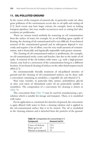 266 Water-Based Chemicals and Technology for Drilling, Completion, and Workover Fluids
11. OIL-POLLUTED GROUND
In the course of the transport of mineral oils, in particular crude oil, often
grave pollution of the environment occurs due to oil spills and exiting oil
[47]. Such events may have larger extents, for example, burst or leaking
transport pipelines, but even smaller occurrences such as exiting fuel after
accidents are problematic.
There are various tested methods for removing an oil contamination
from the surface of water, for example, by an oil binding agent capable of
floating, the cleaning of oil-contaminated soil is very difficult. A mechanical
removal of the contaminated ground and its subsequent disposal is very
costly and requires a lot of effort, even for very small amounts of contami-
nation, and is financially and logistically impossible with greater amounts.
The cleaning of oil-contaminated surfaces is problematic, for example,
on oil-contaminated rocky coasts and beaches, but also in the inside of oil
tanks. A removal of the oil residues with water, e.g. with a high-pressure
cleaner, may lead to a movement of the contamination being to a different
location. A mechanical cleaning of surfaces on the other hand requires much
effort [47].
An environmentally friendly treatment of oil-polluted stretches of
ground and the cleaning of oil-contaminated surfaces can be done with
a concentrate containing an emulsifier, a vegetable oil, and ethanol [47].
Non ionic tensides, in particular fatty amines, polyethylene glycols
or oleic acid esters of ethoxylized castor oil are particularly suitable as
emulsifiers. The composition of a concentrate for cleaning is shown in
Table 78.
The concentrate from Table 78 may be used for manufacturing a pre-
solution which is suitable for storage and transport. There, it is emulsified
with water.
For its application as a treatment for stretches of ground, the concentrate
is again diluted with water to form a cleaning solution and is applied to
the oil-contaminated surface that is to be treated. The oil is emulsified
in the cleaning solution and is detached from the particles of the ground.
Table 78 Composition of a concentrate [47]
Compound Amount (vol.%)
Castor oil dioleate 12.5
Maize germ oil 12.5
Ethanol or propanol 75
 