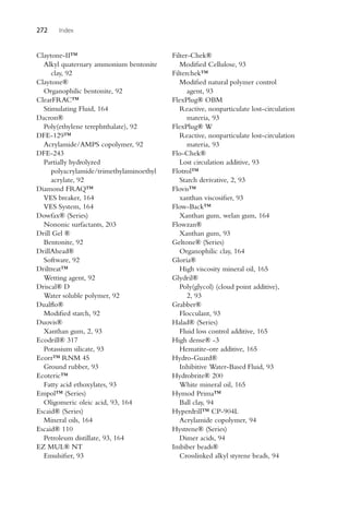 272 Index
Claytone-II™
Alkyl quaternary ammonium bentonite
clay, 92
Claytone®
Organophilic bentonite, 92
ClearFRAC™
Stimulating Fluid, 164
Dacron®
Poly(ethylene terephtthalate), 92
DFE-129™
Acrylamide/AMPS copolymer, 92
DFE-243
Partially hydrolyzed
polyacrylamide/trimethylaminoethyl
acrylate, 92
Diamond FRAQ™
VES breaker, 164
VES System, 164
Dowfax® (Series)
Nononic surfactants, 203
Drill Gel ®
Bentonite, 92
DrillAhead®
Software, 92
Driltreat™
Wetting agent, 92
Driscal® D
Water soluble polymer, 92
Dualflo®
Modified starch, 92
Duovis®
Xanthan gum, 2, 93
Ecodrill® 317
Potassium silicate, 93
Ecorr™ RNM 45
Ground rubber, 93
Ecoteric™
Fatty acid ethoxylates, 93
Empol™ (Series)
Oligomeric oleic acid, 93, 164
Escaid® (Series)
Mineral oils, 164
Escaid® 110
Petroleum distillate, 93, 164
EZ MUL® NT
Emulsifier, 93
Filter-Chek®
Modified Cellulose, 93
Filterchek™
Modified natural polymer control
agent, 93
FlexPlug® OBM
Reactive, nonparticulate lost-circulation
materia, 93
FlexPlug® W
Reactive, nonparticulate lost-circulation
materia, 93
Flo-Chek®
Lost circulation additive, 93
Flotrol™
Starch derivative, 2, 93
Flovis™
xanthan viscosifier, 93
Flow-Back™
Xanthan gum, welan gum, 164
Flowzan®
Xanthan gum, 93
Geltone® (Series)
Organophilic clay, 164
Gloria®
High viscosity mineral oil, 165
Glydril®
Poly(glycol) (cloud point additive),
2, 93
Grabber®
Flocculant, 93
Halad® (Series)
Fluid loss control additive, 165
High dense® -3
Hematite-ore additive, 165
Hydro-Guard®
Inhibitive Water-Based Fluid, 93
Hydrobrite® 200
White mineral oil, 165
Hymod Prima™
Ball clay, 94
Hyperdrill™ CP-904L
Acrylamide copolymer, 94
Hystrene® (Series)
Dimer acids, 94
Imbiber beads®
Crosslinked alkyl styrene beads, 94
 