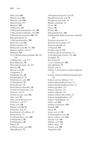 278 Index
Malic acid, 148
Malonic acid, 136
Mandelic acid, 148
Mannich base, 213
Mannitol, 149
D-Mannose, 131
2-Mercaptobenzimidazole, 139, 140
2-Mercaptobenzothiazole, 139, 140
2-Mercaptobenzoxazole, 140, 255
Mercaptoethanol, 53
2-Mercaptothiazoline, 140
Mesaconic acid, 244
Methacrylamide, 191
Methacrylic acid, 18, 191, 241
Methane sulfonic acid, 53
Methanol, 217
N,N-Methylenebisacrylamide, 32, 190,
238
2-Methyl oleic acid, 117
Monoallylamine, 29
Monoethanol amine, 52, 219
Myrcene, 82
Myristic acid, 50
2-Naphthol, 27
Naphthylacetate, 68
Neopentylglycol, 52
Nitrilotriacetic acid, 202
O-Nitrophenol, 71
Nonyl phenol, 135
Nonyl phenol ethoxylate, 10
Octadecyl methacrylate, 163
Octanoic acid, 50
Octenyl succinic acid, 162
Oleic acid, 70
Oleic acid isobutylester, 10
Orthoboric acid, 70
Oxalic acid, 136
Palmitic acid, 50, 70
Palmitoleic acid, 50
Parenchymal cell cellulose, 24
Pentaerythrite, 52
2,4-Pentanedione, 230, 230
α-Phellandrene, 82
β-Phellandrene, 82
Phenol, 71
α-Phenyl acrylic acid, 244
Phloroglucinol, 71
3-Phosphonopropionic acid, 73
Phosphonosuccinic acid, 73
Phosphorus pentoxide, 53
Phthalic anhydride, 41
Picrate, 68
Pinene, 82
Pivalate, 68
Poly(aminoborate), 146
Poly(dimethyl diallyl ammonium chloride),
229
Potassium aluminate, 42
Potassium ferrocyanide, 212
Potassium pivalate, 68
2-Propanol, 217
Propylene glycol, 217
Propylene glycol monooleate, 10
N-Pyridineoxide-2-thiol, 139, 140
Pyrogallol, 71
Resorcinol, 71
1,4-α-L-Rhamnose, 130
Salicylaldehyde, 71
Salicylic acid, 41
Sodium-2-acrylamido-2-methanesulfonate,
32
Sodium carboxymethylhydroxypropyl guar,
120
Sodium cumene sulfonate, 133
Sodium dihexylsulfosuccinate, 73
Sodium diisobutylsulfosuccinate, 73
Sodium persulfate, 151
Sodium salicylate, 116
Sodium sulfamate, 154
Sodium tridecyl ether sulfate, 76
Sodium tripolyphosphate, 212
Sodium vinylsulfonate, 30
Sorbic acid, 244
Sorbitan monooleate, 119
Sorbitol, 149
Starch, 35
Stearic acid, 41, 50
4-Styrenesulfonic acid, 18
Styrene sulfonic acid, 244
Succinic acid, 136
Sulfamic acid, 136
Tallow amine, 195
Tartaric acid, 148
Terpinolene, 82
 