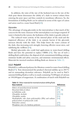 28 Water-Based Chemicals and Technology for Drilling, Completion, and Workover Fluids
In addition, the ratio of the size of the hydrated ions to the size of the
shale pore throat determines the ability of a shale to restrict solutes from
entering the pore space and thus controls its membrane efficiency. So, the
formulation of drilling fluids can be tailored in terms of the types of cation
and anion used in a water based fluid [43].
Glycosides
The advantage of using glycosides in the internal phase is that much of the
concern for the ionic character of the internal phase is no longer required. If
water is limited in the system, the hydration of the shales is greatly reduced.
The reduced water activity of the internal phase of the mud and the
improved efficiency of the shale is an osmotic barrier if the glycoside
interacts directly with the shale. This helps lower the water content of
the shale, thus increasing rock strength, lowering effective mean stress, and
stabilizing the wellbore [44].
Methyl glucosides also could find applications in water-based drilling
fluids and have the potential to replace OBMs [45]. The use of such a
drilling fluid could reduce the disposal of oil-contaminated drilling cuttings,
minimize health and safety concerns, and minimize environmental effects.
Materials for inverted emulsion drilling fluids are shown in Table 13.
3.2.2 Polydrill
Polydrill is a sulfonated polymer for filtration control in water-based drilling
fluids [57]. Tests demonstrated the product’s thermal stability up to 200 ◦C
and its outstanding electrolyte tolerance. Polydrill can be used in NaCl-
saturated drilling fluids as well as in muds containing 75,000 ppm of calcium
or 100,000 ppm of magnesium. A combination of starch with Polydrill was
Table 13 Other materials for inverted emulsion drilling fluids
Base material References
Ethers of monofunctional alcohols [46]
Branched didecyl ethers [47, 48]
α-Sulfofatty acids [49]
Oleophilic alcohols [50–52]
Oleophilic amides [53]
Hydrophobic side chain poly(amide)s (PAs) and sodium
poly(acrylate) or poly(acrylic acid)
[54]
Poly(ether amine) [55]
Phosphate ester of a hydroxy polymer [56]
 
