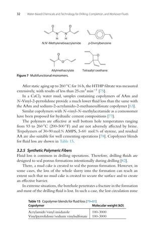 32 Water-Based Chemicals and Technology for Drilling, Completion, and Workover Fluids
N,N´-Methylenebisacrylamide
N N
O O
H H
p-Divinylbenzene
Allylmethacrylate
O
O
Tetraallyl oxethane
O
Figure 7 Multifunctional monomers.
After static aging up to 260 ◦C for 16 h, the HTHP filtrate was measured
extensively, with results of less than 25 cm3 min−1 [75].
In a CaCl2 water mud, samples containing copolymers of AAm and
N-Vinyl-2-pyrrolidone provide a much lower fluid loss than the same with
the AAm and sodium-2-acrylamido-2-methanesulfonate copolymer [63].
Similar copolymers with N-vinyl-N-methylacetamide as a comonomer
have been proposed for hydraulic cement compositions [77].
The polymers are effective at well bottom hole temperatures ranging
from 93 to 260 ◦C (200-500 ◦F) and are not adversely affected by brine.
Terpolymers of 30-90 mol.% AMPS, 5-60 mol.% of styrene, and residual
AA are also suitable for well cementing operations [78]. Copolymer blends
for fluid loss are shown in Table 15.
3.2.5 Synthetic Polymeric Fibers
Fluid loss is common in drilling operations. Therefore, drilling fluids are
designed to seal porous formations intentionally during drilling [82].
There, a mud cake is created to seal the porous formation. However, in
some cases, the loss of the whole slurry into the formation can reach an
extent such that no mud cake is created to secure the surface and to create
an effective barrier.
In extreme situations, the borehole penetrates a fracture in the formation
and most of the drilling fluid is lost. In such a case, the lost circulation zone
Table 15 Copolymer blends for fluid loss [79–81]
Copolymer Molecular weight (kD)
Acrylamide/vinyl imidazole 100-3000
Vinylpyrrolidone/sodium vinylsulfonate 100-3000
 