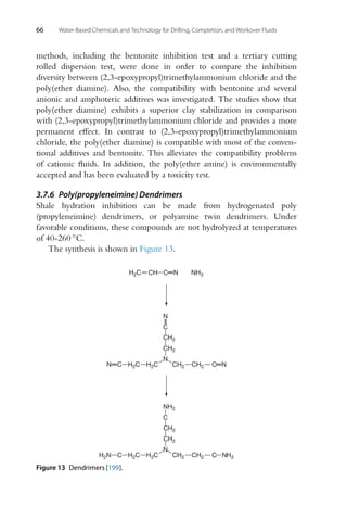 66 Water-Based Chemicals and Technology for Drilling, Completion, and Workover Fluids
methods, including the bentonite inhibition test and a tertiary cutting
rolled dispersion test, were done in order to compare the inhibition
diversity between (2,3-epoxypropyl)trimethylammonium chloride and the
poly(ether diamine). Also, the compatibility with bentonite and several
anionic and amphoteric additives was investigated. The studies show that
poly(ether diamine) exhibits a superior clay stabilization in comparison
with (2,3-epoxypropyl)trimethylammonium chloride and provides a more
permanent effect. In contrast to (2,3-epoxypropyl)trimethylammonium
chloride, the poly(ether diamine) is compatible with most of the conven-
tional additives and bentonite. This alleviates the compatibility problems
of cationic fluids. In addition, the poly(ether amine) is environmentally
accepted and has been evaluated by a toxicity test.
3.7.6 Poly(propyleneimine) Dendrimers
Shale hydration inhibition can be made from hydrogenated poly
(propyleneimine) dendrimers, or polyamine twin dendrimers. Under
favorable conditions, these compounds are not hydrolyzed at temperatures
of 40-260 ◦C.
The synthesis is shown in Figure 13.
H2C
H2C
H2C H2C
H2C
N NH3
N
N
N
C
CH2
N
CH2
CH2 CH2
CH2 CH2
CH2
CH2
H2N NH2
CH C
C
C
C
C
C
N
NH2
Figure 13 Dendrimers [199].
 