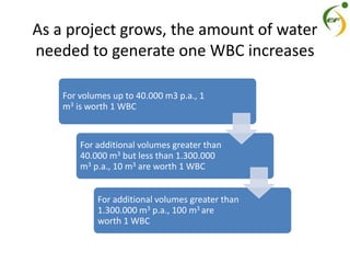 As a project grows, the amount of water
needed to generate one WBC increases
For volumes up to 40.000 m3 p.a., 1
m3 is worth 1 WBC
For additional volumes greater than
40.000 m3 but less than 1.300.000
m3 p.a., 10 m3 are worth 1 WBC
For additional volumes greater than
1.300.000 m3 p.a., 100 m3 are
worth 1 WBC
 