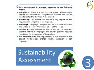 • Each requirement is assessed according to the following
criteria.
• Negative (-): There is a risk that the project will negatively
impact the requirement. Mitigation is required and will be
monitored for the duration of the project.
• Neutral (0): The project will not have any impact on the
requirement. Mitigation is not required.
• Positive (+): The project will positively impact the requirement
and will be monitored for the duration of the project.
• Enhance (E): The indicator is neutral, but can be improved
over the lifetime of the project and become positive. Requires
monitoring for the duration of the project.
• Not Relevant (NR): The requirement is not relevant to the
project methodology and/or design. Mitigation is not
required.
Sustainability
Assessment
3
 