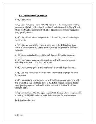 14 | P a g e
5.2 Introduction of MySql
MySQL Database
MySQL is a fast, easy-to-use RDBMS being used for many small and big
businesses. MySQL is developed, marketed and supported by MySQL AB,
which is a Swedish company. MySQL is becoming so popular because of
many good reasons −
MySQL is released under an open-source license. So you have nothing to
pay to use it.
MySQL is a very powerful program in its own right. It handles a large
subset of the functionality of the most expensive and powerful database
packages.
MySQL uses a standard form of the well-known SQL data language.
MySQL works on many operating systems and with many languages
including PHP, PERL, C, C++, JAVA, etc.
MySQL works very quickly and works well even with large data sets.
MySQL is very friendly to PHP, the most appreciated language for web
development.
MySQL supports large databases, up to 50 million rows or more in a table.
The default file size limit for a table is 4GB, but you can increase this (if
your operating system can handle it) to a theoretical limit of 8 million
terabytes (TB).
MySQL is customizable. The open-source GPL license allows programmers
to modify the MySQL software to fit their own specific environments.
Table is shown below:-
 