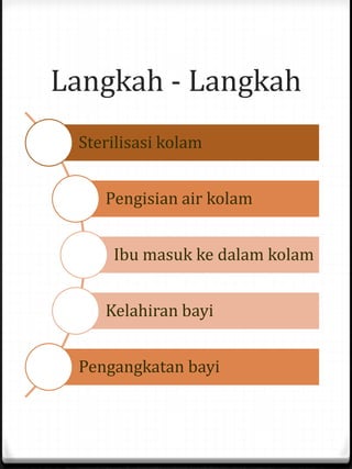 Langkah - Langkah
 Sterilisasi kolam


    Pengisian air kolam


     Ibu masuk ke dalam kolam


    Kelahiran bayi


 Pengangkatan bayi
 