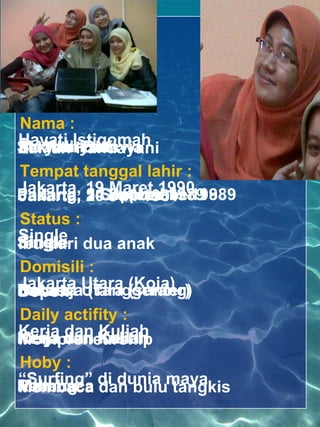Nama :
Hayati Istiqomah
Zakiah Putri
Sri Wahyuni
Muziah Oktavia
SuryaniHandayani
Tempat tanggal lahir :
Jakarta, 19 Maret 1990 1989
Padang, 20 Juli 1981 1988
Jakarta, 24 September
         5 September
         1 Oktober 1989
Status :
Single
Single
Single dua anak
Ibu dari
Domisili :
Bekasi Utara (Koja)
Jakarta Utara (sunter)
Depok (Tanggerang)
Balaraja
Jakarta
Daily actifity :
Kerja dan Kuliah
Kerja dan Kuliah
Kerja dan Kuliah
Mompreneurship
Hoby :
“Surfing” di dunia maya
Volli
Membaca
Renang dan bulu tangkis
 
