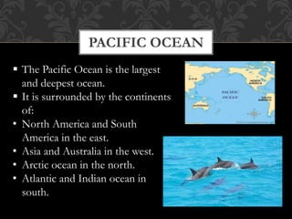 PACIFIC OCEAN
 The Pacific Ocean is the largest
and deepest ocean.
 It is surrounded by the continents
of:
• North America and South
America in the east.
• Asia and Australia in the west.
• Arctic ocean in the north.
• Atlantic and Indian ocean in
south.
 