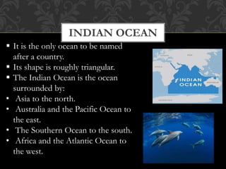 INDIAN OCEAN
 It is the only ocean to be named
after a country.
 Its shape is roughly triangular.
 The Indian Ocean is the ocean
surrounded by:
• Asia to the north.
• Australia and the Pacific Ocean to
the east.
• The Southern Ocean to the south.
• Africa and the Atlantic Ocean to
the west.
 