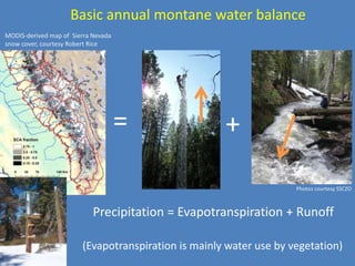 Basic annual montane water balance
Precipitation = Evapotranspiration + Runoff
= +
(Evapotranspiration is mainly water use...