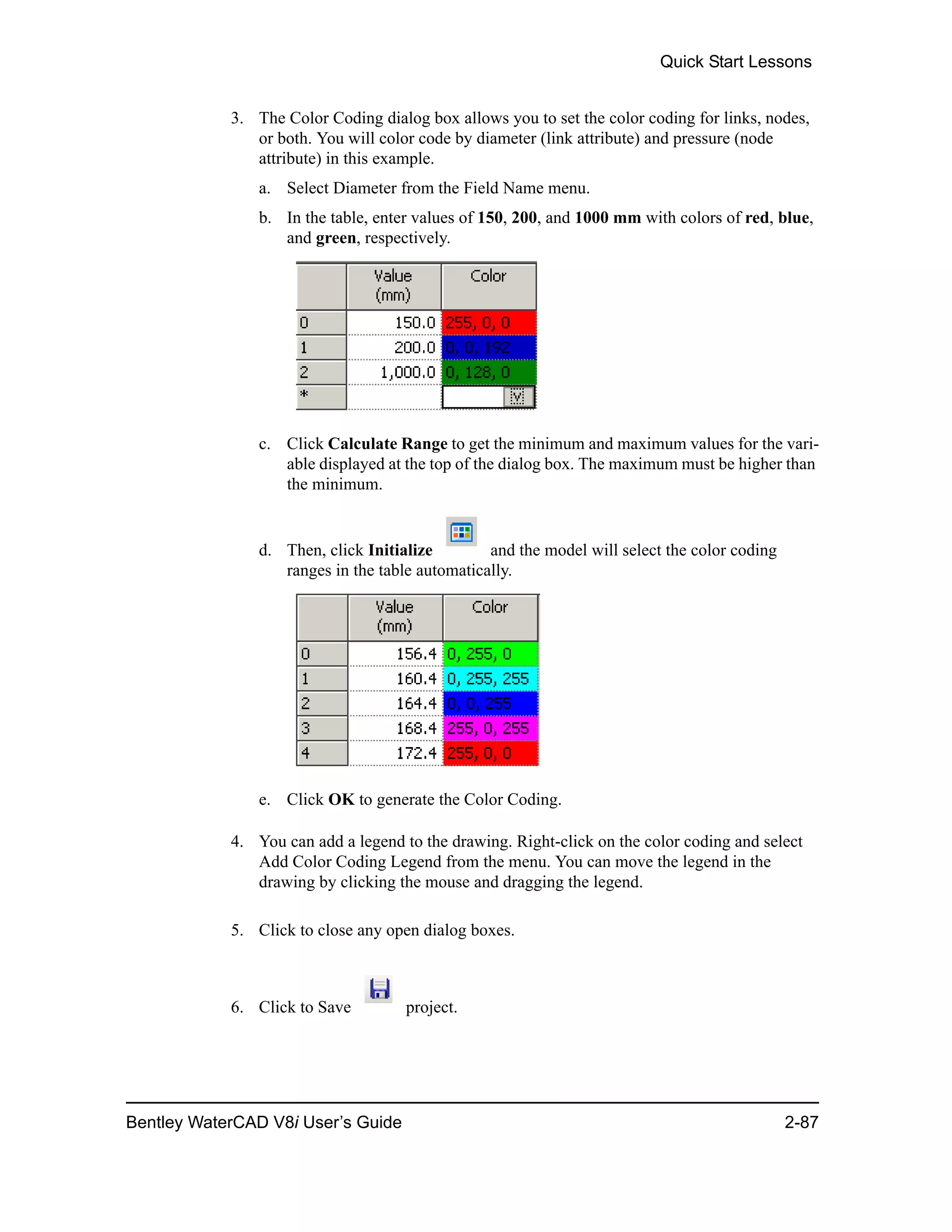 Quick Start Lessons
Bentley WaterCAD V8i User’s Guide 2-87
3. The Color Coding dialog box allows you to set the color coding for links, nodes,
or both. You will color code by diameter (link attribute) and pressure (node
attribute) in this example.
a. Select Diameter from the Field Name menu.
b. In the table, enter values of 150, 200, and 1000 mm with colors of red, blue,
and green, respectively.
c. Click Calculate Range to get the minimum and maximum values for the vari-
able displayed at the top of the dialog box. The maximum must be higher than
the minimum.
d. Then, click Initialize and the model will select the color coding
ranges in the table automatically.
e. Click OK to generate the Color Coding.
4. You can add a legend to the drawing. Right-click on the color coding and select
Add Color Coding Legend from the menu. You can move the legend in the
drawing by clicking the mouse and dragging the legend.
5. Click to close any open dialog boxes.
6. Click to Save project.
 