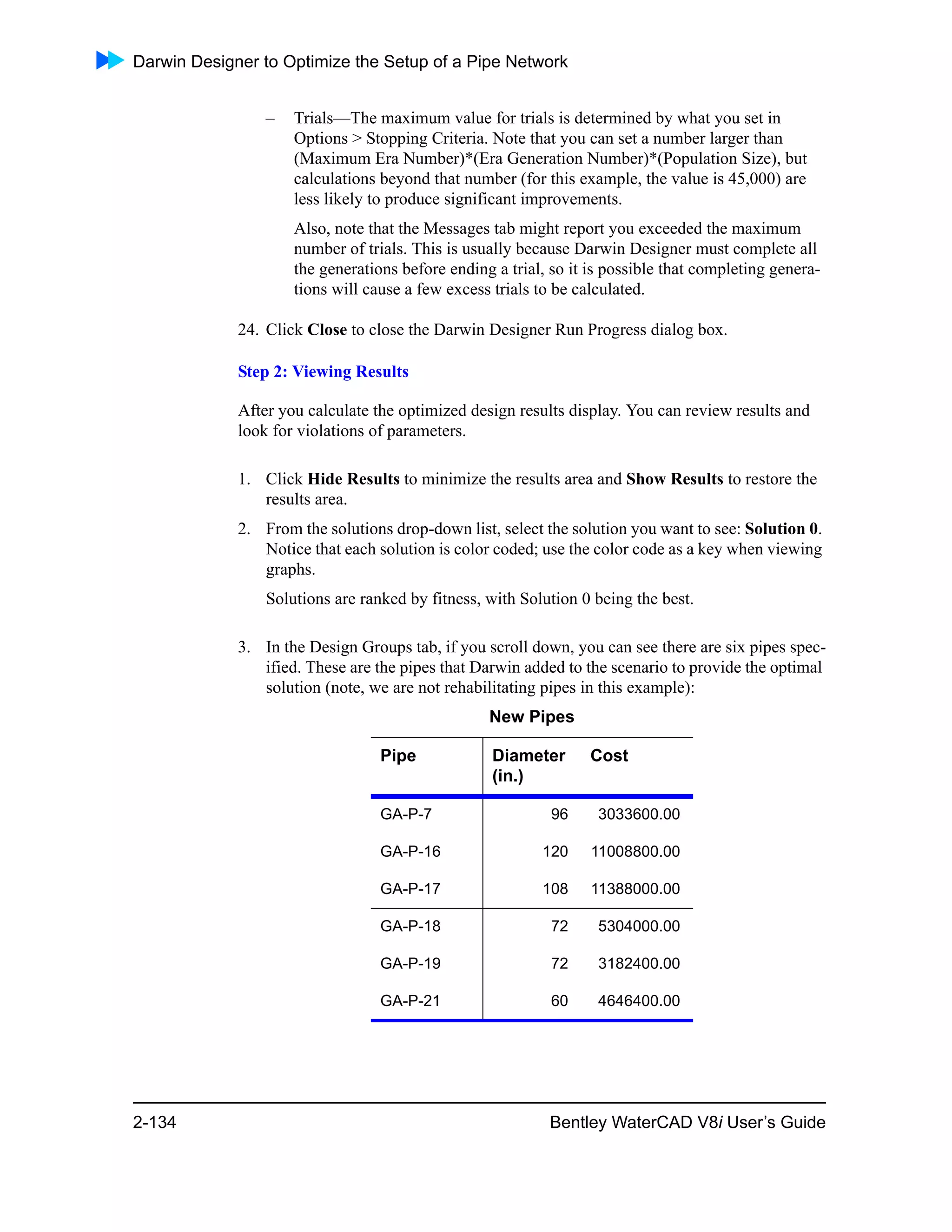 Darwin Designer to Optimize the Setup of a Pipe Network
2-134 Bentley WaterCAD V8i User’s Guide
– Trials—The maximum value for trials is determined by what you set in
Options > Stopping Criteria. Note that you can set a number larger than
(Maximum Era Number)*(Era Generation Number)*(Population Size), but
calculations beyond that number (for this example, the value is 45,000) are
less likely to produce significant improvements.
Also, note that the Messages tab might report you exceeded the maximum
number of trials. This is usually because Darwin Designer must complete all
the generations before ending a trial, so it is possible that completing genera-
tions will cause a few excess trials to be calculated.
24. Click Close to close the Darwin Designer Run Progress dialog box.
Step 2: Viewing Results
After you calculate the optimized design results display. You can review results and
look for violations of parameters.
1. Click Hide Results to minimize the results area and Show Results to restore the
results area.
2. From the solutions drop-down list, select the solution you want to see: Solution 0.
Notice that each solution is color coded; use the color code as a key when viewing
graphs.
Solutions are ranked by fitness, with Solution 0 being the best.
3. In the Design Groups tab, if you scroll down, you can see there are six pipes spec-
ified. These are the pipes that Darwin added to the scenario to provide the optimal
solution (note, we are not rehabilitating pipes in this example):
New Pipes
Pipe Diameter
(in.)
Cost
GA-P-7 96 3033600.00
GA-P-16 120 11008800.00
GA-P-17 108 11388000.00
GA-P-18 72 5304000.00
GA-P-19 72 3182400.00
GA-P-21 60 4646400.00
 