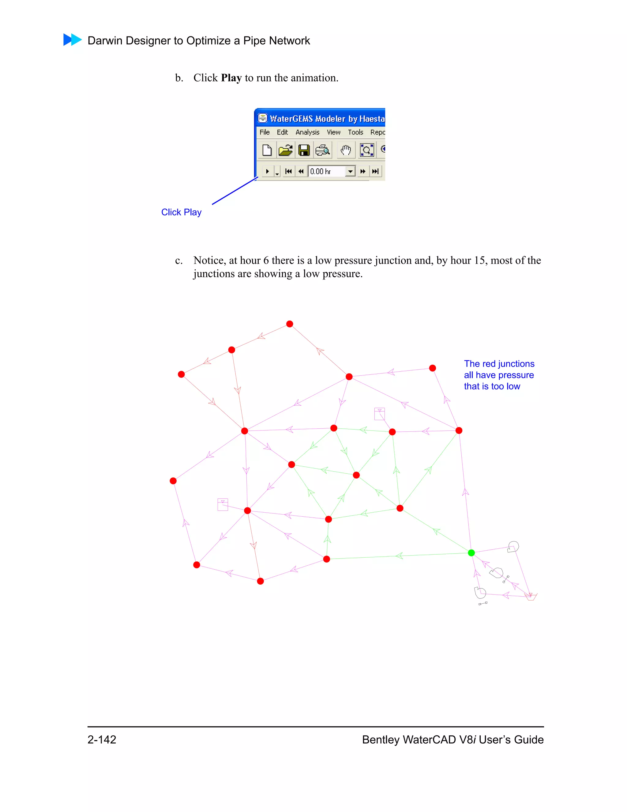 Darwin Designer to Optimize a Pipe Network
2-142 Bentley WaterCAD V8i User’s Guide
b. Click Play to run the animation.
c. Notice, at hour 6 there is a low pressure junction and, by hour 15, most of the
junctions are showing a low pressure.
Click Play
The red junctions
all have pressure
that is too low
 