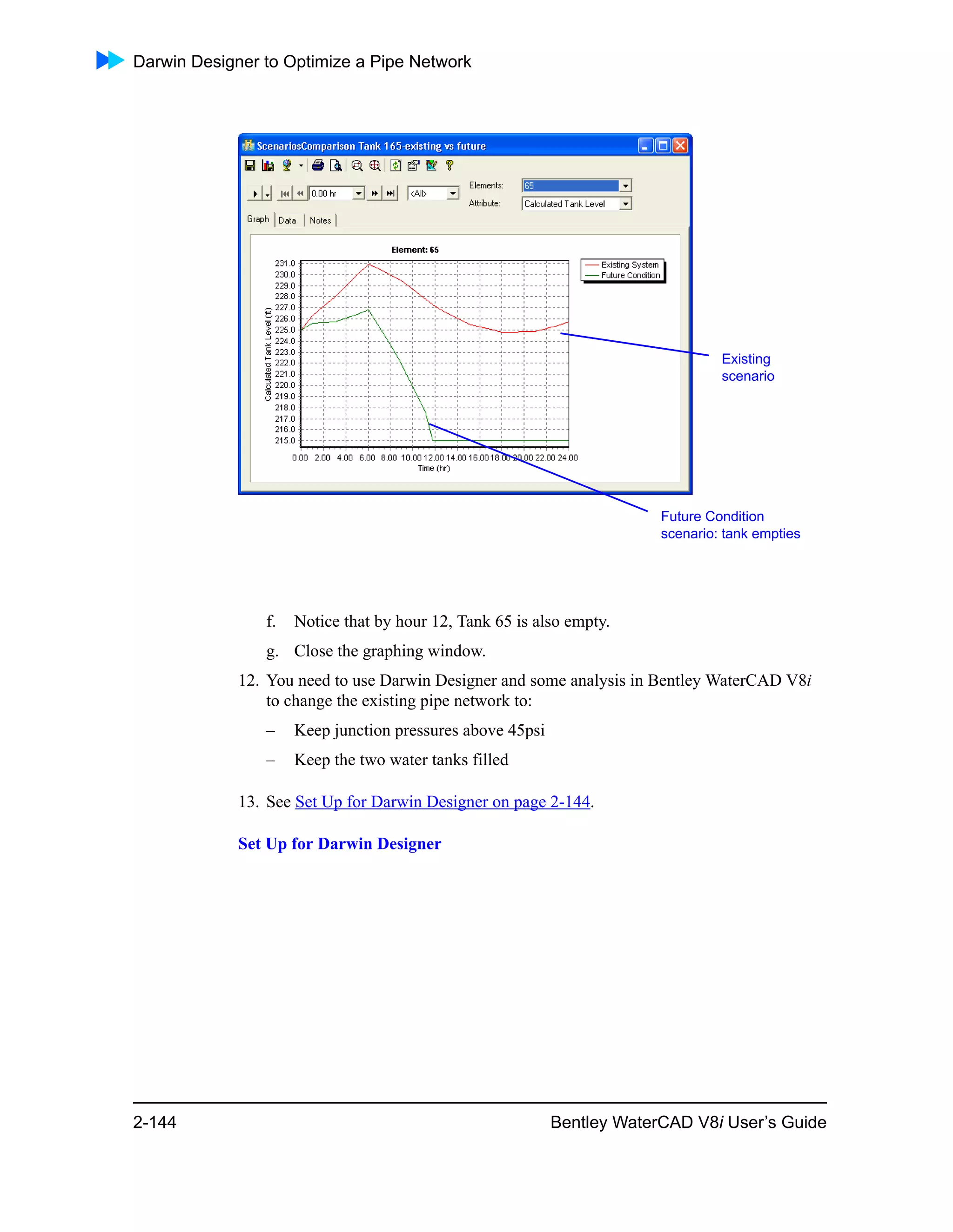 Darwin Designer to Optimize a Pipe Network
2-144 Bentley WaterCAD V8i User’s Guide
f. Notice that by hour 12, Tank 65 is also empty.
g. Close the graphing window.
12. You need to use Darwin Designer and some analysis in Bentley WaterCAD V8i
to change the existing pipe network to:
– Keep junction pressures above 45psi
– Keep the two water tanks filled
13. See Set Up for Darwin Designer on page 2-144.
Set Up for Darwin Designer
Existing
scenario
Future Condition
scenario: tank empties
 