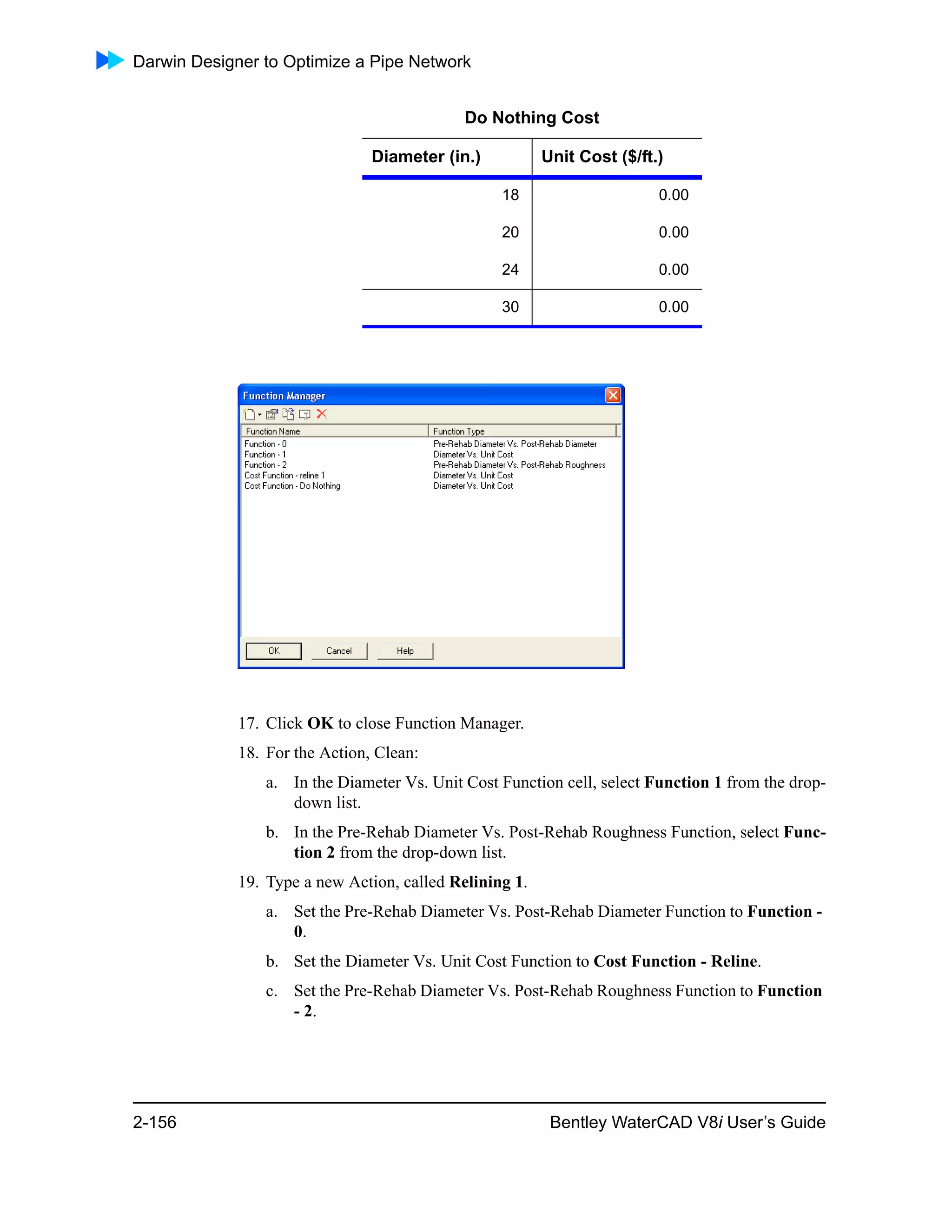 Darwin Designer to Optimize a Pipe Network
2-156 Bentley WaterCAD V8i User’s Guide
17. Click OK to close Function Manager.
18. For the Action, Clean:
a. In the Diameter Vs. Unit Cost Function cell, select Function 1 from the drop-
down list.
b. In the Pre-Rehab Diameter Vs. Post-Rehab Roughness Function, select Func-
tion 2 from the drop-down list.
19. Type a new Action, called Relining 1.
a. Set the Pre-Rehab Diameter Vs. Post-Rehab Diameter Function to Function -
0.
b. Set the Diameter Vs. Unit Cost Function to Cost Function - Reline.
c. Set the Pre-Rehab Diameter Vs. Post-Rehab Roughness Function to Function
- 2.
18 0.00
20 0.00
24 0.00
30 0.00
Do Nothing Cost
Diameter (in.) Unit Cost ($/ft.)
 