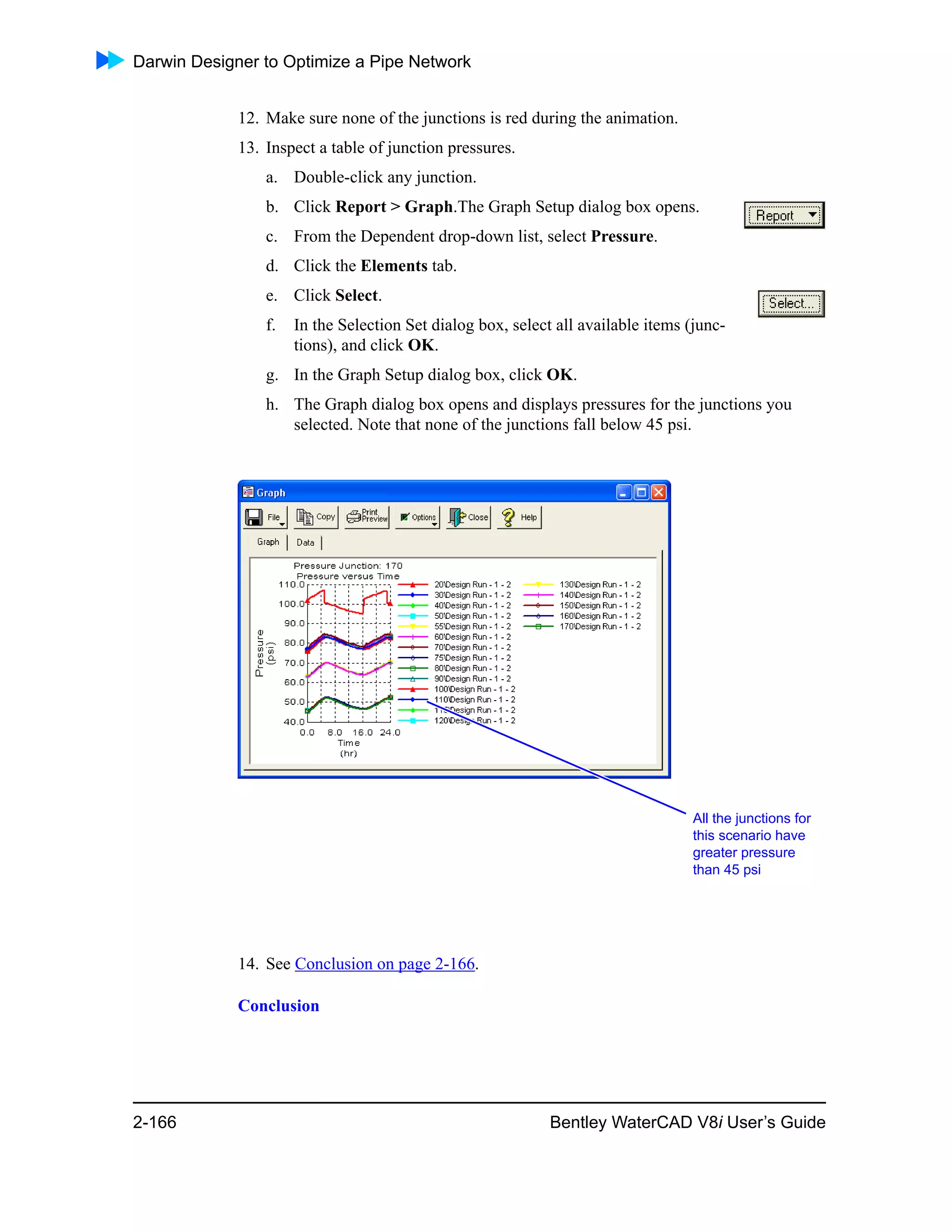 Darwin Designer to Optimize a Pipe Network
2-166 Bentley WaterCAD V8i User’s Guide
12. Make sure none of the junctions is red during the animation.
13. Inspect a table of junction pressures.
a. Double-click any junction.
b. Click Report > Graph.The Graph Setup dialog box opens.
c. From the Dependent drop-down list, select Pressure.
d. Click the Elements tab.
e. Click Select.
f. In the Selection Set dialog box, select all available items (junc-
tions), and click OK.
g. In the Graph Setup dialog box, click OK.
h. The Graph dialog box opens and displays pressures for the junctions you
selected. Note that none of the junctions fall below 45 psi.
14. See Conclusion on page 2-166.
Conclusion
All the junctions for
this scenario have
greater pressure
than 45 psi
 