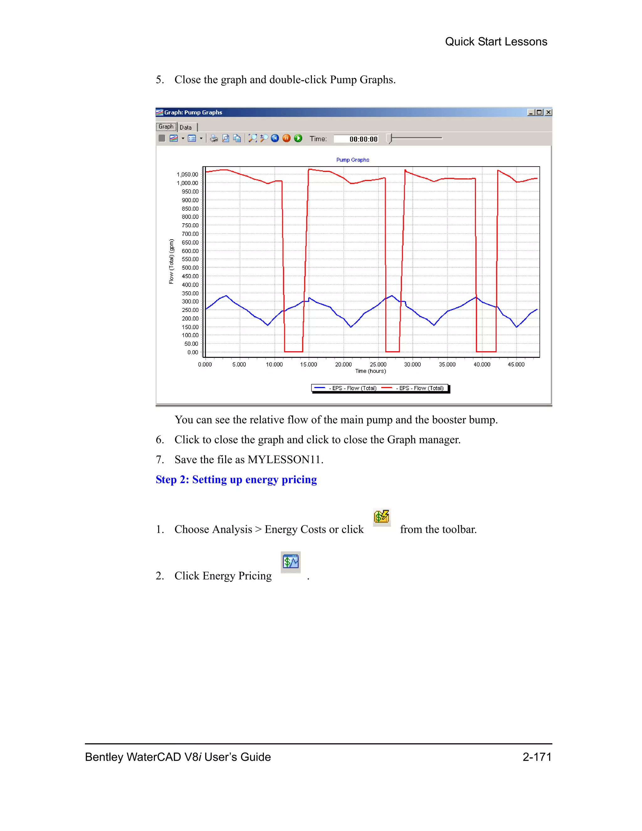 Quick Start Lessons
Bentley WaterCAD V8i User’s Guide 2-171
5. Close the graph and double-click Pump Graphs.
You can see the relative flow of the main pump and the booster bump.
6. Click to close the graph and click to close the Graph manager.
7. Save the file as MYLESSON11.
Step 2: Setting up energy pricing
1. Choose Analysis > Energy Costs or click from the toolbar.
2. Click Energy Pricing .
 
