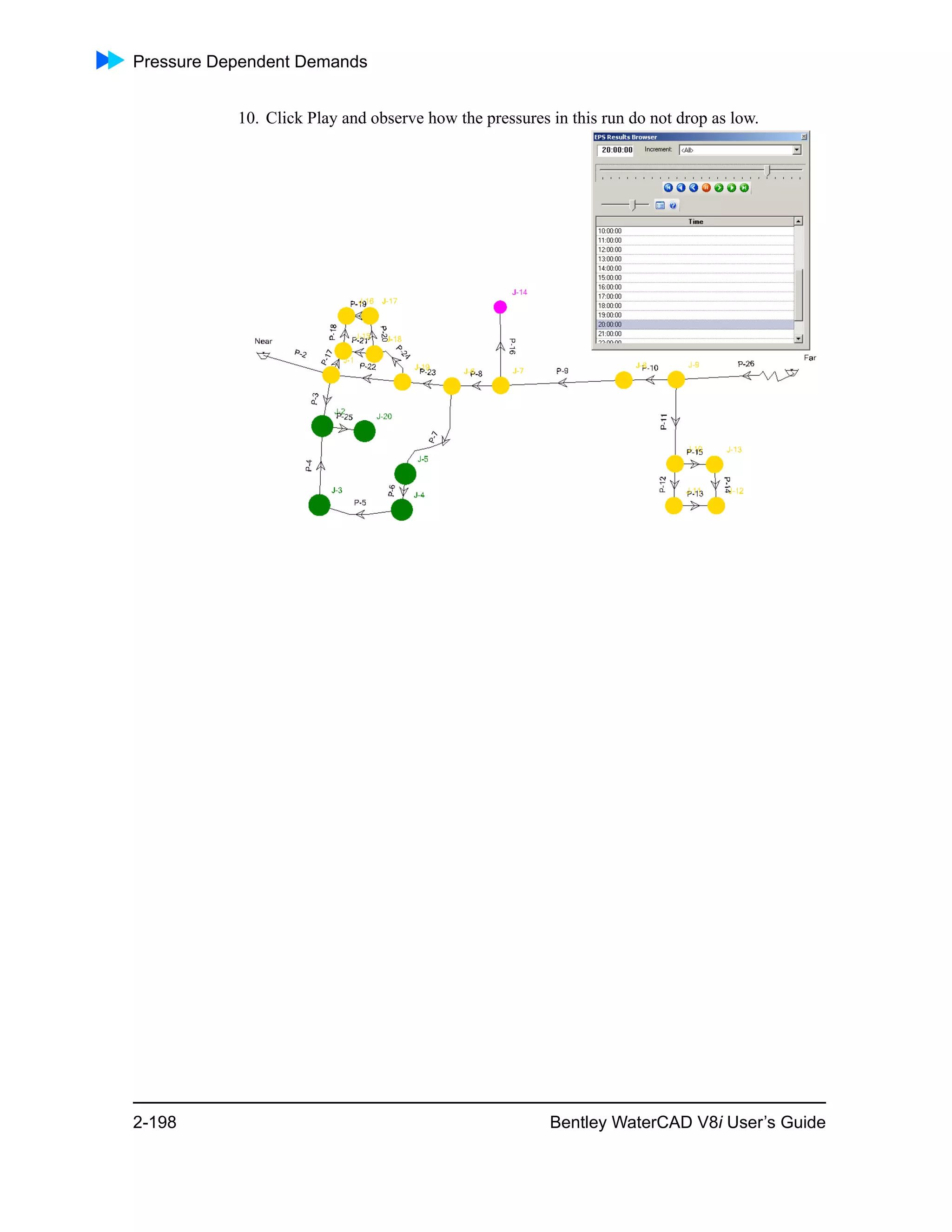 Pressure Dependent Demands
2-198 Bentley WaterCAD V8i User’s Guide
10. Click Play and observe how the pressures in this run do not drop as low.
 
