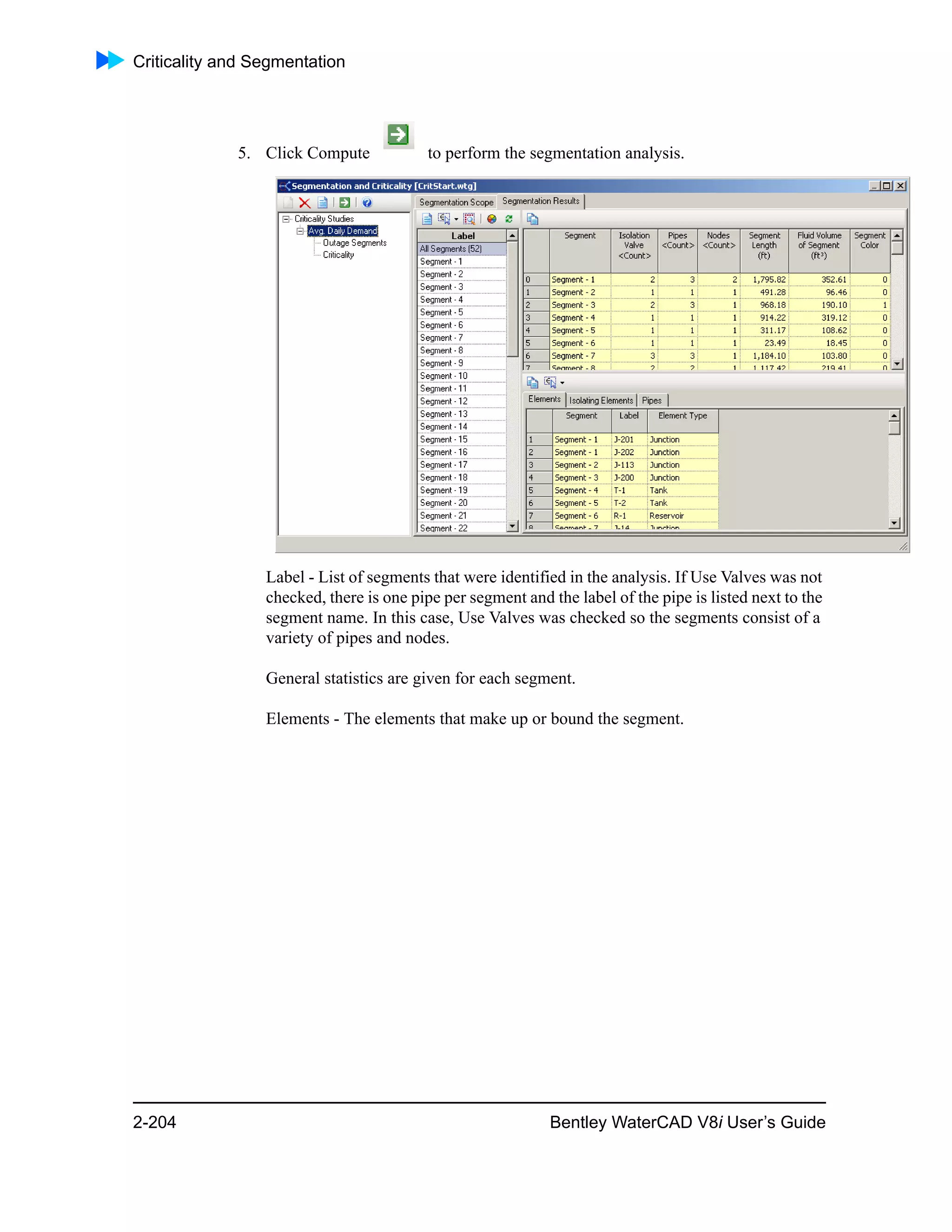 Criticality and Segmentation
2-204 Bentley WaterCAD V8i User’s Guide
5. Click Compute to perform the segmentation analysis.
Label - List of segments that were identified in the analysis. If Use Valves was not
checked, there is one pipe per segment and the label of the pipe is listed next to the
segment name. In this case, Use Valves was checked so the segments consist of a
variety of pipes and nodes.
General statistics are given for each segment.
Elements - The elements that make up or bound the segment.
 